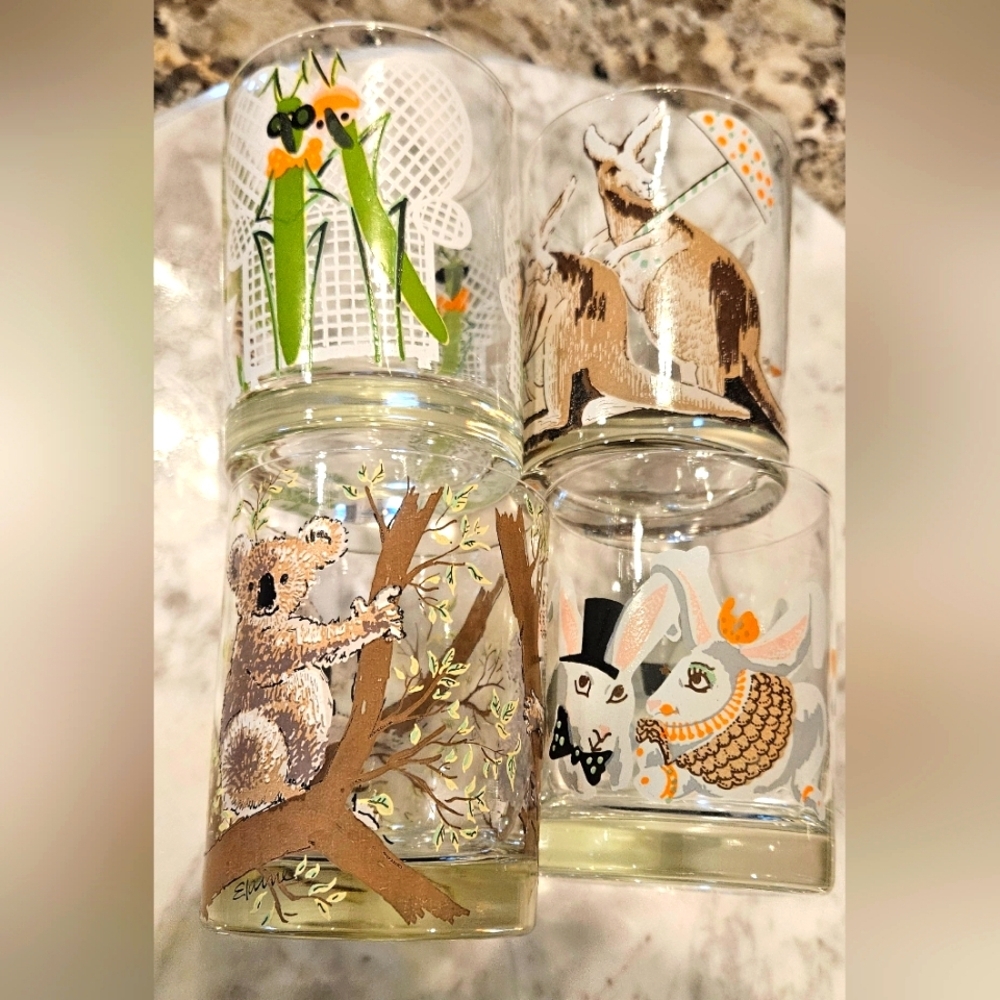 Set of Four Whimsical Animal-Themed Vintage Glass Cups